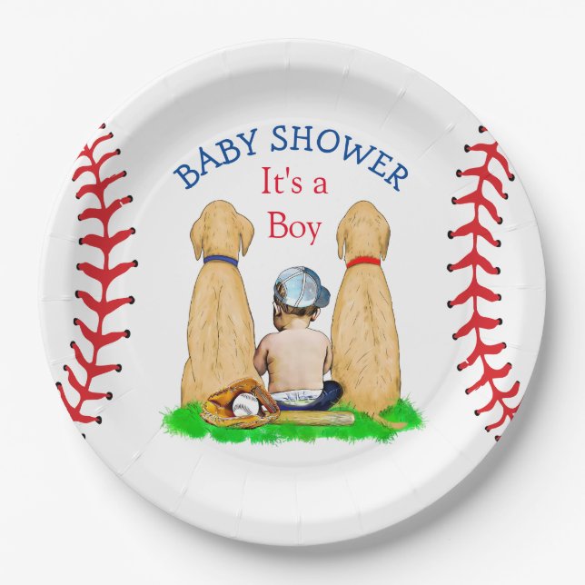Boy's Baseball Themed Baby Shower 2 Labs and Baby Paper Plate (Front)