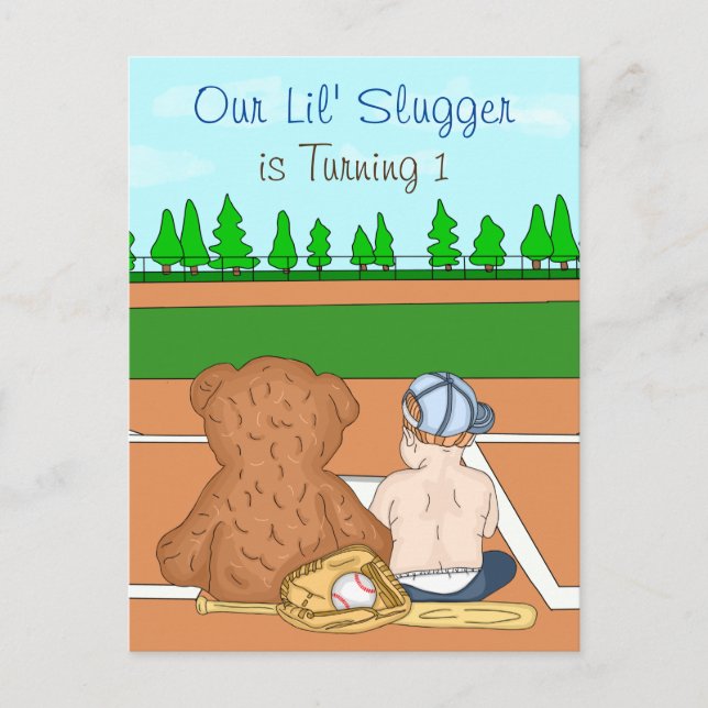 Boy's Baseball Themed First Birthday Postcard (Front)