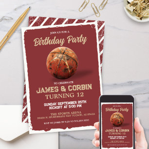 Boys Basketball Red Theme Double Birthday Party Invitation