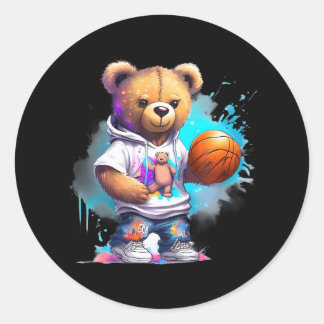Boys Basketball Teddy Bear Classic Round Sticker