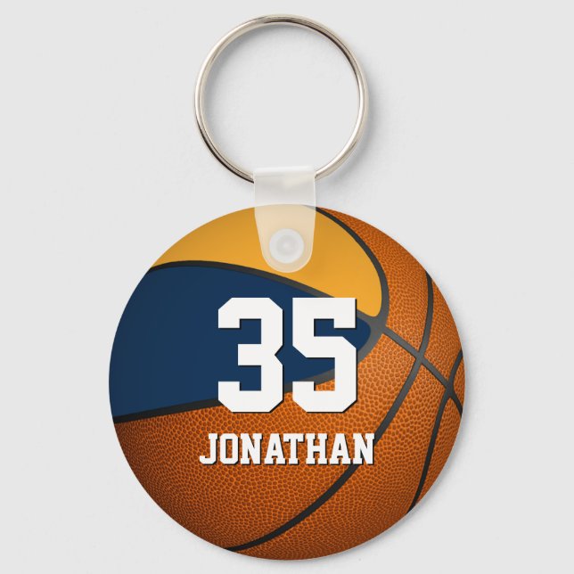 boys basketball w blue and gold team colours key ring (Front)