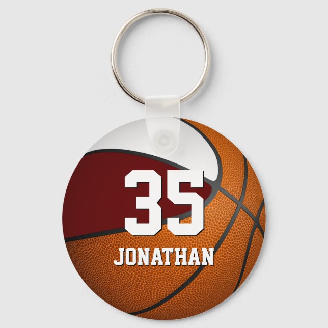 boys basketball w maroon and white team colours key ring (Front)