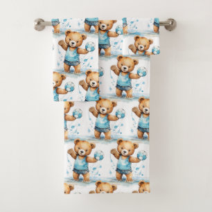 Boy's Bath Towel Set Blue Teddy Bears Bathtime