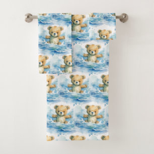 Boy's Bath Towel Set Blue Teddy Bears Bathtime