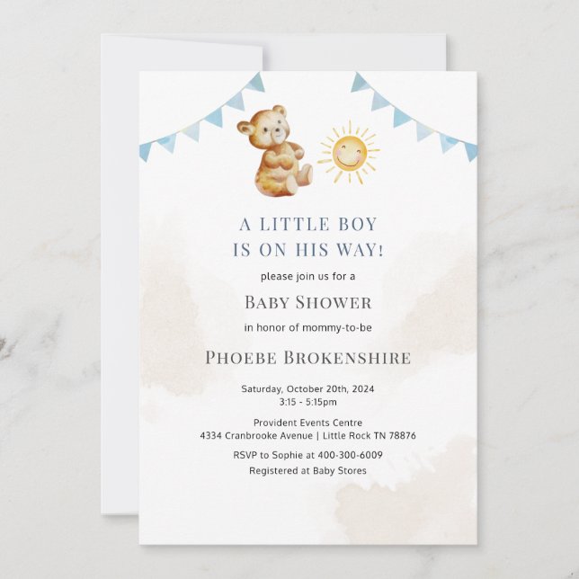 Boys Bear and Sunshine Watercolor Baby Shower Invitation (Front)