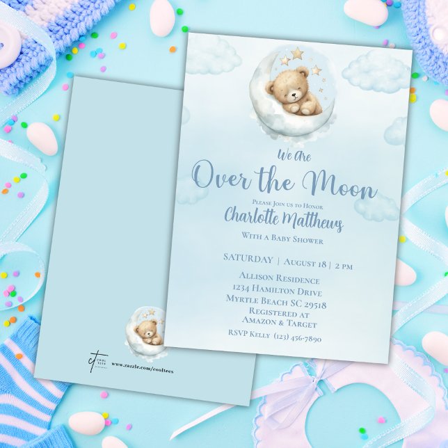 Boys Bear Bear Over the Moon  Baby Shower   Invitation (Creator Uploaded)