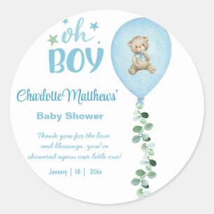 Boys Bear Blue Balloon Eucalyptus Baby Shower Classic Round Sticker