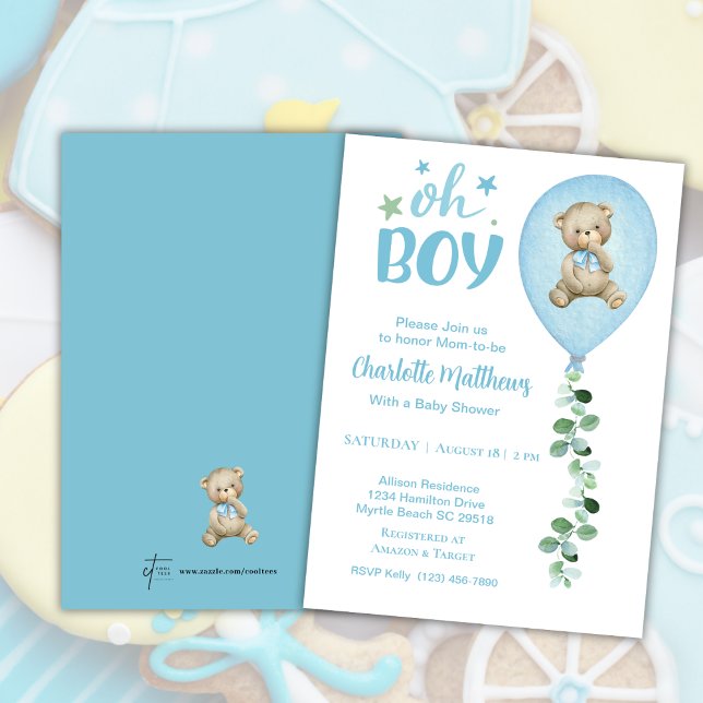 Boys  Bear  Blue Balloon Eucalyptus  Baby Shower   Invitation (Creator Uploaded)