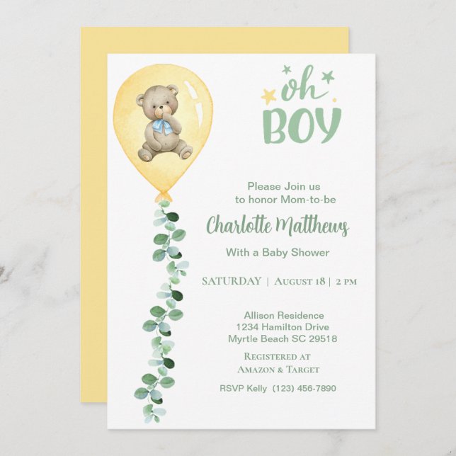 Boys Bear Yellow Balloon Eucalyptus  Baby Shower   Invitation (Front/Back)