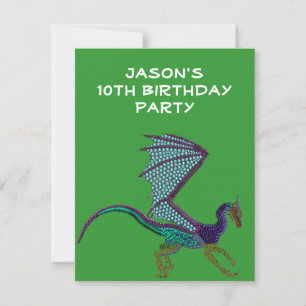 Boys Birthday Beaded Dragon Green Invitation