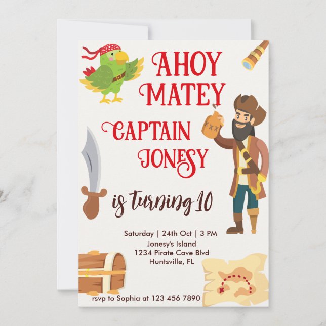 Boys Birthday Customisable Pirate Party Invitation (Front)