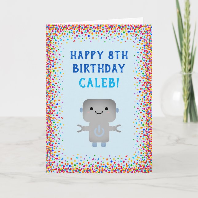 Boys Birthday Cute Blue Robot Colourful Confetti Card (Front)