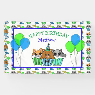 Boy's Birthday Fox, Racoon and Bear Cupcakes Banner