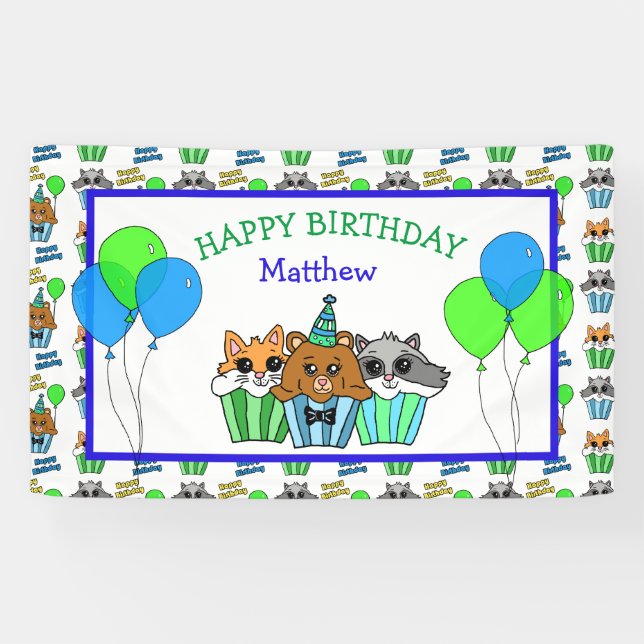 Boy's Birthday Fox, Racoon and Bear Cupcakes Banner (Horizontal)