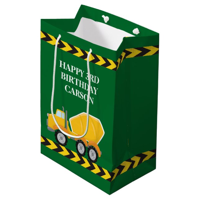 Boys Birthday Green Cement Mixer Truck Custom Medium Gift Bag (Front Angled)