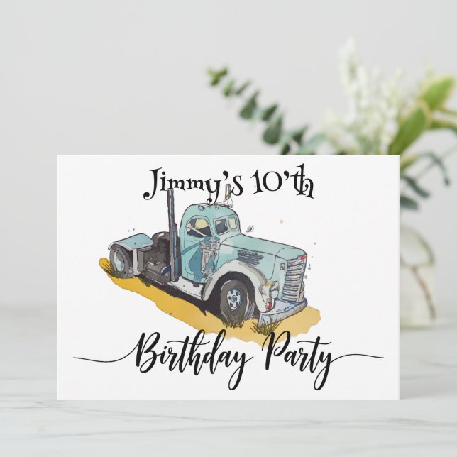 Boys Birthday Party Blue Semi Truck Invitation (Standing Front)
