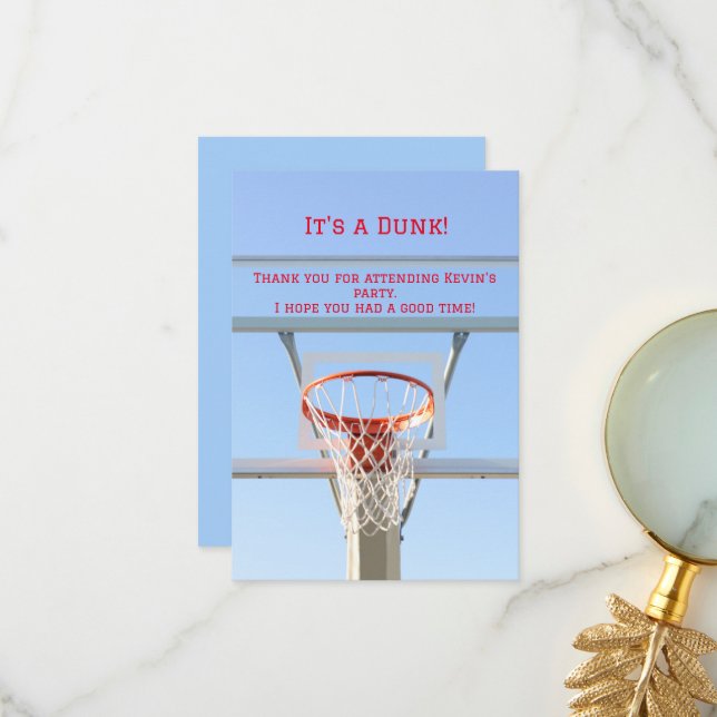 Boys Birthday Party Blue Sky Basketball Hoop Thank You Card (Front/Back In Situ)