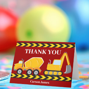 Boys Birthday Party Custom Red Construction Truck Thank You Card