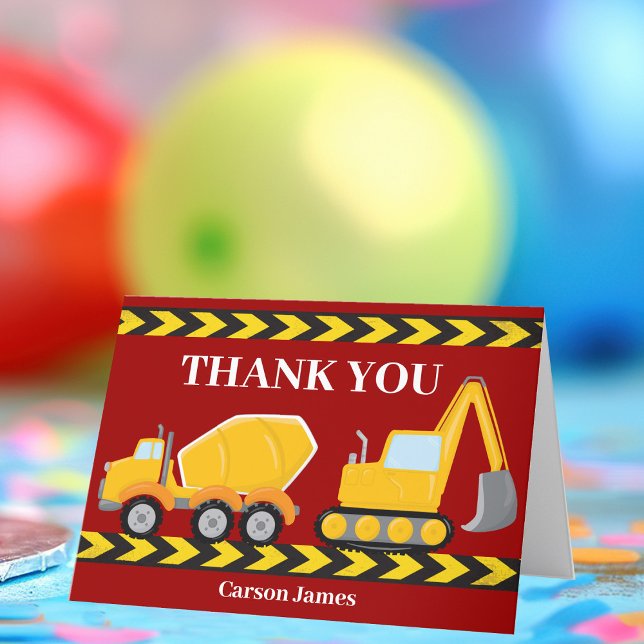 Boys Birthday Party Custom Red Construction Truck Thank You Card (Creator Uploaded)