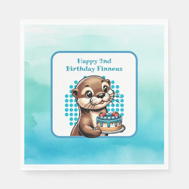 Boy's Birthday Party Otter Themed Personalised Napkin (Front)