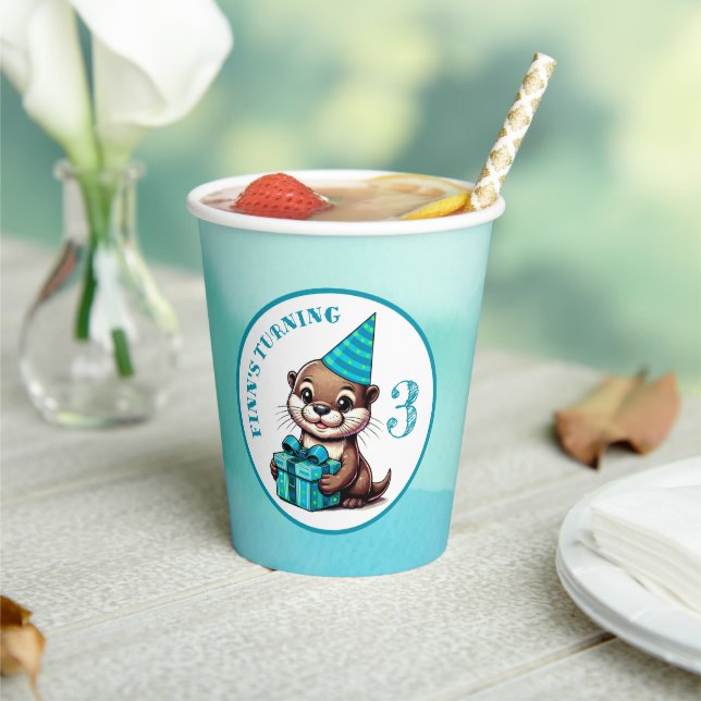 Boy's Birthday Party Otter Themed Personalised Paper Cups (Insitu)