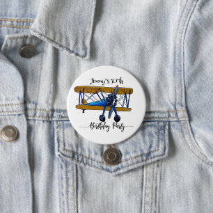 Boys birthday party with blue and yellow biplane 7.5 cm round badge