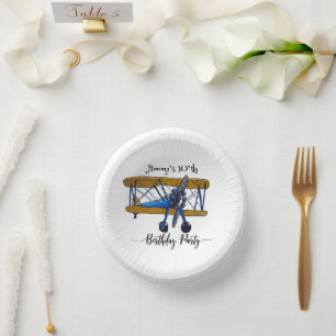 Boys birthday party with blue and yellow biplane paper plate