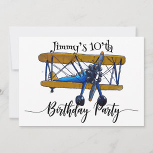 Boys birthday party with yellow and blue biplane invitation