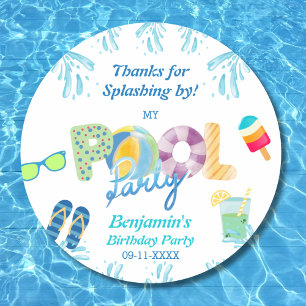 Boys Birthday Pool Party Favour Thank You  Classic Round Sticker