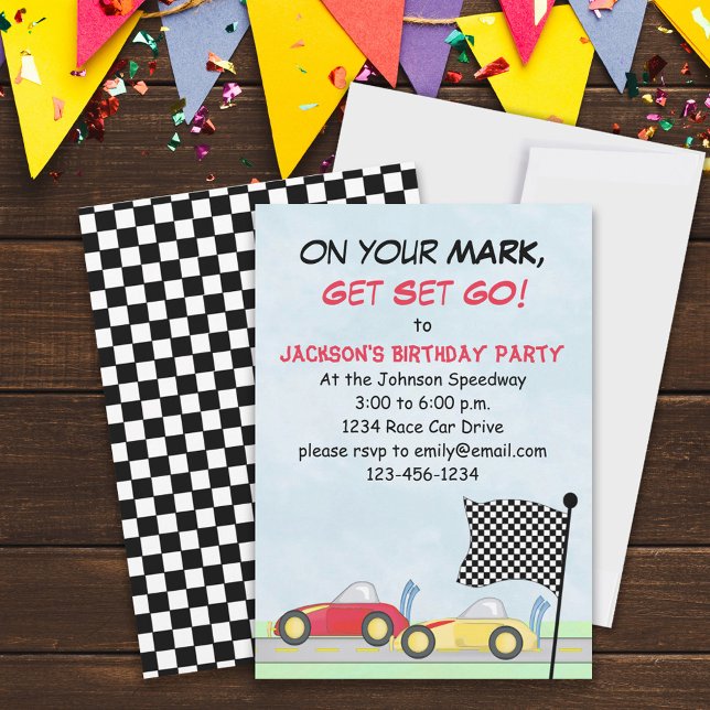 Boys Birthday Race Cars Modern Chequered Flag  Invitation (Creator Uploaded)