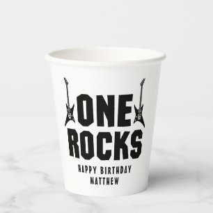 Boy's Black and White One Rocks 1st Birthday Paper Cups