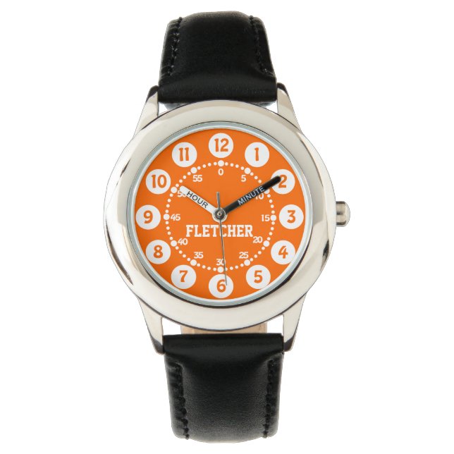 Boys black orange and white name wrist watch (Front)