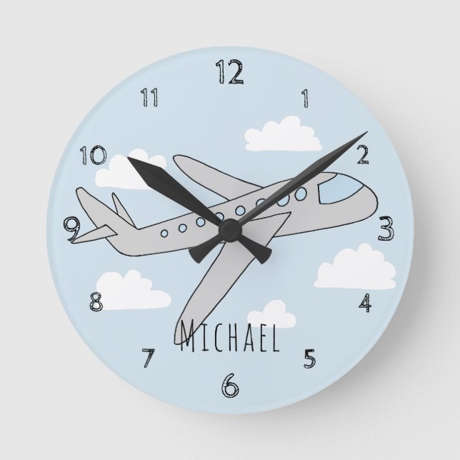 Boys Blue Aeroplane Travel Design with Name Round Clock (Front)