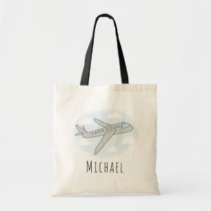 Boys Blue Aeroplane Travel Design with Name Tote Bag