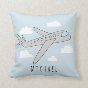 Boys Blue Airplane Travel Design and Name Nursery Cushion