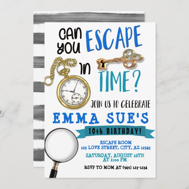 Boy's Blue and Grey Escape Room Birthday Invitation (Front/Back)