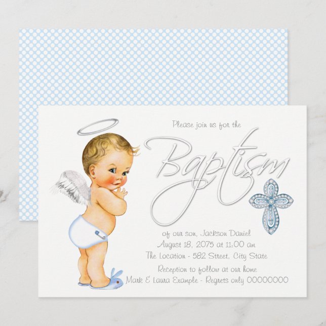 Boys Blue Angel Baptism Invitation (Front/Back)