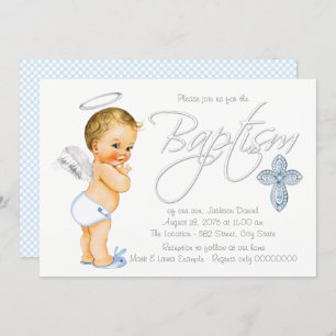 Boys Blue Angel Baptism Invitation