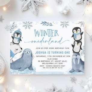 Boys Blue Arctic Winter Onederland 1st Birthday Invitation
