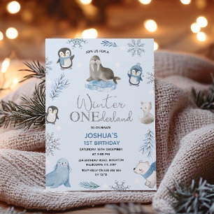 Boys Blue Arctic Winter Onederland 1st Birthday Invitation