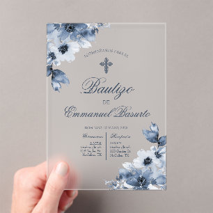 Boys blue baptism with cross acrylic invitations