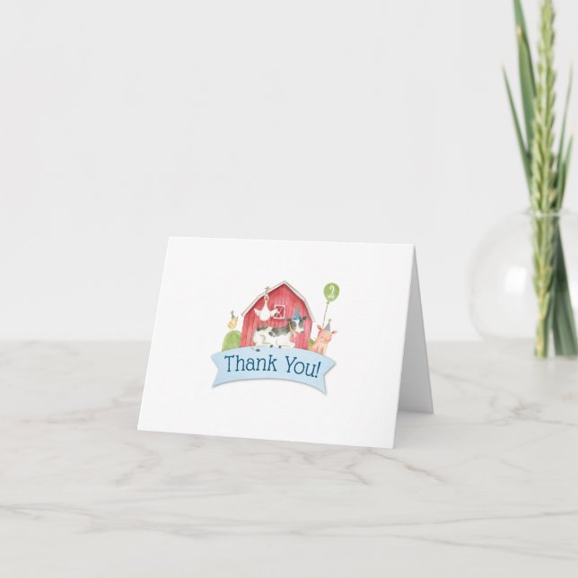 Boys Blue Barnyard Check Farm Birthday Party Thank You Card (Front)