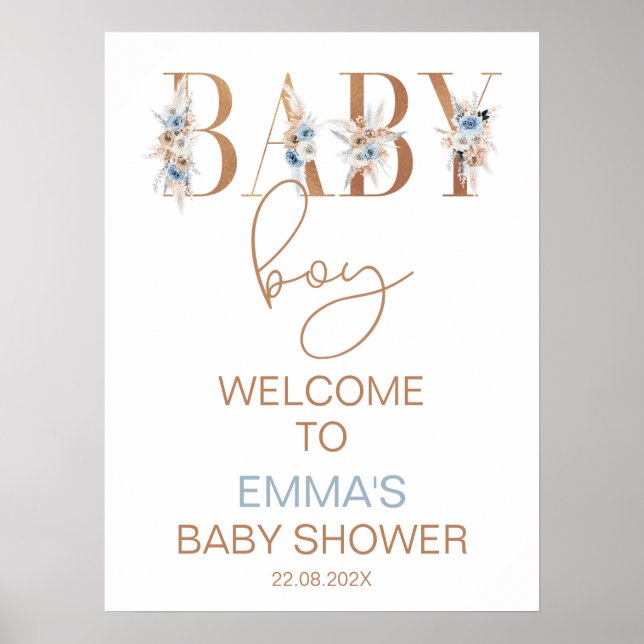 Boys Blue Boho Floral Word Baby Shower Welcome Poster (Front)