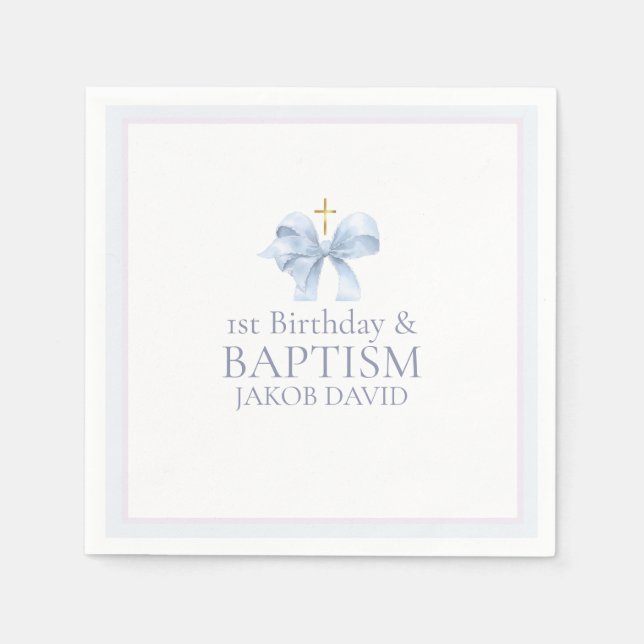 Boys Blue Bow 1st Birthday and Baptism  Napkin (Front)