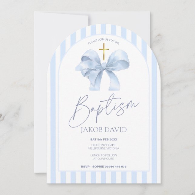 Boys Blue Bow and Stripe Arch Baptism Invitation (Front)