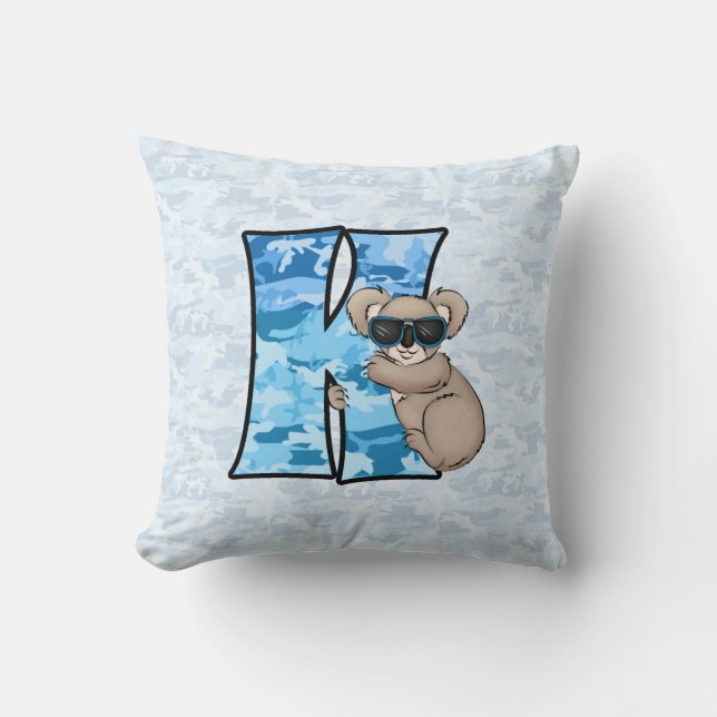 Boys Blue Camouflage Koala Letter K Monogrammed Cushion (Front)