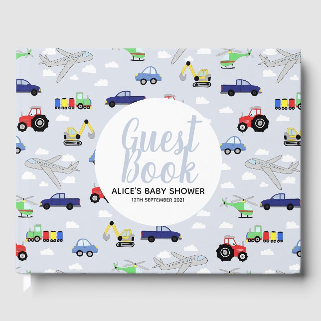 Boys Blue Car Transport Pattern Baby Shower Guest Book (Front)