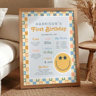 Boys Blue Cool Dude First Year Birthday Milestone Poster
