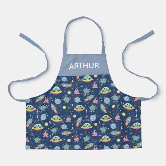 Boys Blue Cute Space Alien Pattern and Name Apron (Front)