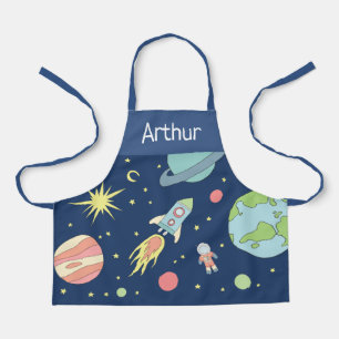 Boys Blue Cute Space Rocket Ship and Name Apron